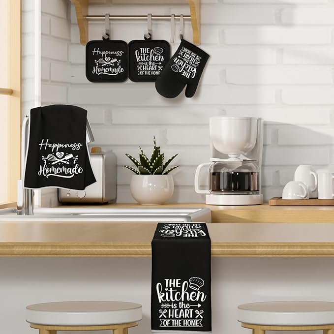 Sratte 6 Pcs Kitchen Decor Accessories Set Farmhouse Towels Pot Holders Oven Mitts Set 2 Dish Towels 2 Potholders 2 Cooking Mittens Oven Glove for Christmas Baking Cooking Supply(Black,Kitchen) - Image 6