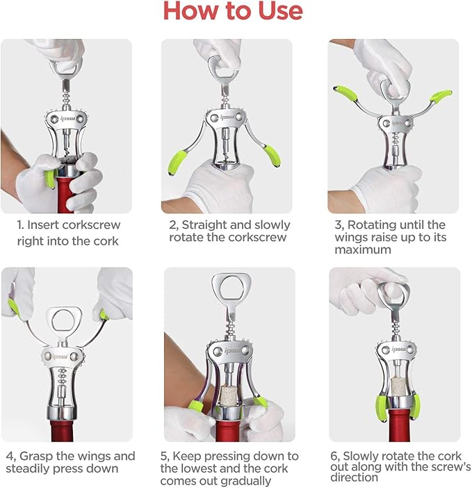 IPOW Wine Opener, Zinc Alloy Wine Bottle Opener, Wing Corkscrew Heavy Duty, Manual Multifunctional Cork Screw for Waiter, Green - Image 7