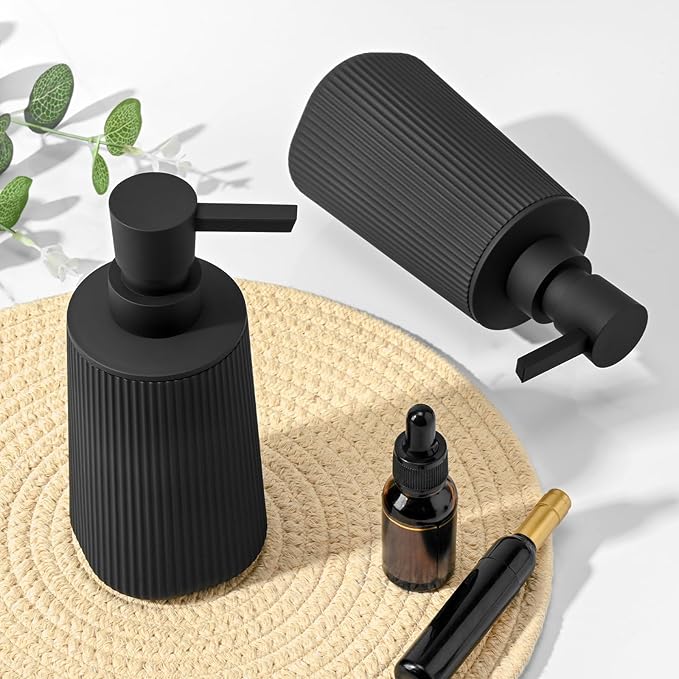 Black 2 Pack Hand Soap Dispensers Set with No Rust Pump for Bathroom and Kitchen Countertops Refillable Matte Striped Plastic 8.5 oz