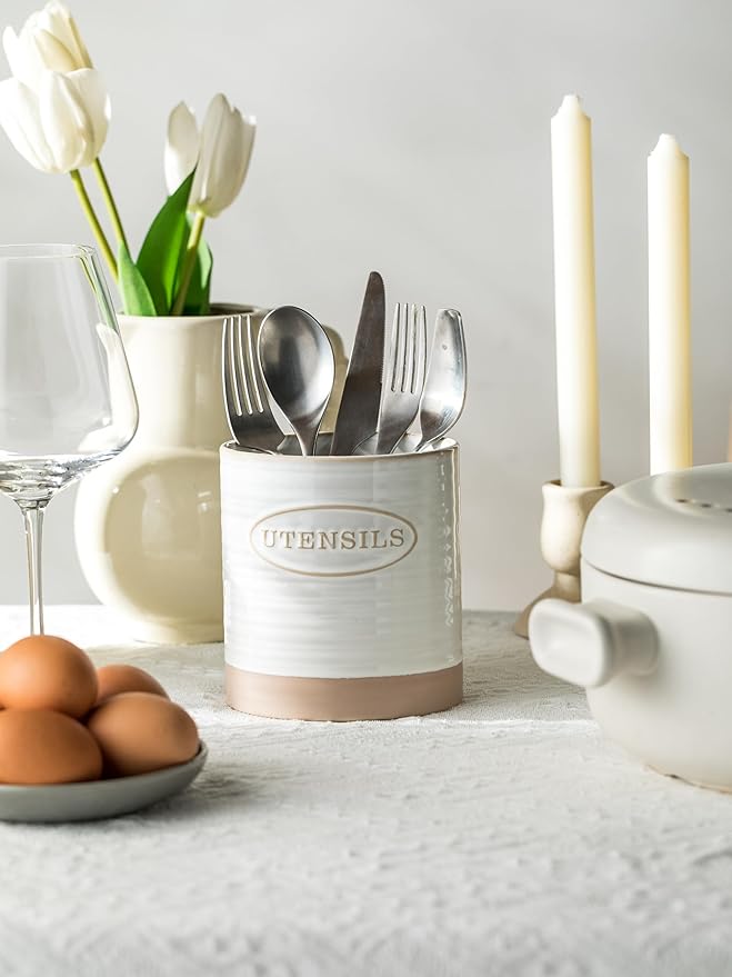YHOSSEUN Utensil Holder Set of 2, Ceramic Utensil Holder for Kitchen Counter, 6.7"+5.1" Kitchen Utensil Crocks Spatula Holder for Countertop, Two-tone Finish Oval Opening - Image 9