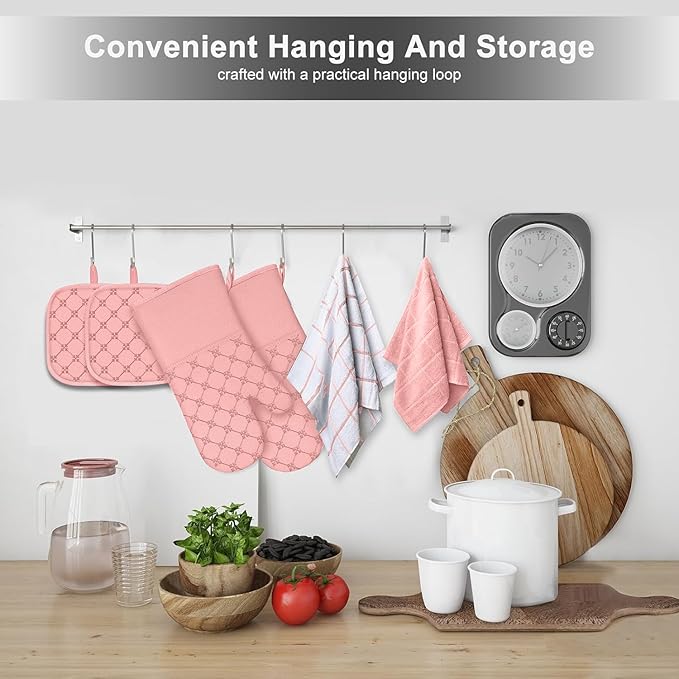 Oven Mitts Kitchen Towels Dishcloths with Pot Holders Sets 12PCS, Dish Towels Sets, Oven Gloves Pot Pads Heat Resistant 500 Degrees with Non-Slip Silicone Surface for Cooking Baking Grilling-Pink - Image 7