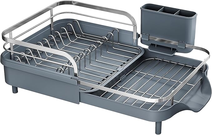 SAYZH Dish Drying Rack - Expandable Dish Rack for Kitchen Counter, Rust-Resistant Dish Drainer with Utensil Holder and Raised Guardrail, Kitchen Organizer for Cup and Bottle (Grey) - Image 9