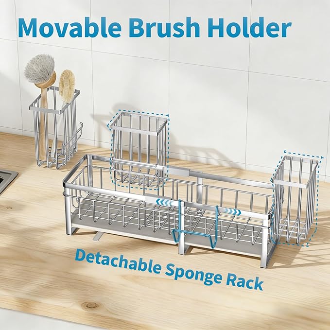 Aurblozen Extra Large Extendable Sponge Holder for Kitchen Sink, Rustproof Sink Caddy Organizer with High Brush Holder, Dish Soap Dispenser Organizers and Storage (Stainless Steel) - Image 6