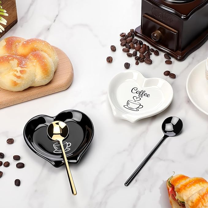 FoldTier 2 Pcs Ceramic Coffee Spoon Rest with Spoon Small Heart Black White Stirrer Holder Bar Station Accessories Decoration Lover Housewarming Gift (Coffee Then I Start My Heart) - Image 6