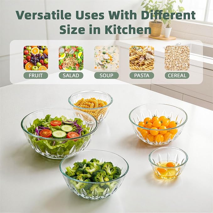 WhiteRhino Glass Bowls with Lids Set of 5(4.68QT,2.89QT,1.66QT,0.83QT,0.53QT),Glass Mxing Bowls with Lids,Large Salad Bowls Space-Saving Nesting for Cooking,Baking,Prepping,Dishwasher Safe - Image 7