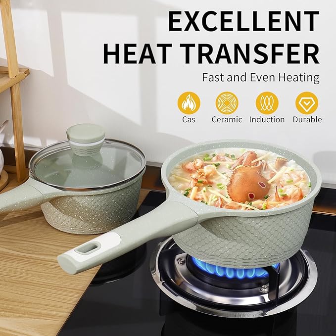 Sauce pan 2.0Qt SaucePan with Lid, Non Stick Sauce Pot for Cooking, Easy to Clean, Cooking all stovetop 100% Free PFOA PFAS - Green Granite - Image 5