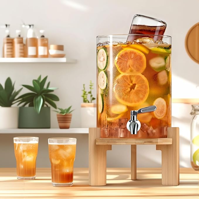 Beverage Dispenser 2.1 Gallon, Glass Drink Dispenser with Stand, Drink Dispensers for Parties, Beverage Dispenser with Wood Stand, Stainless Steel Spigot, for Parties,Bars,Restaurants (2.1 Gallons)