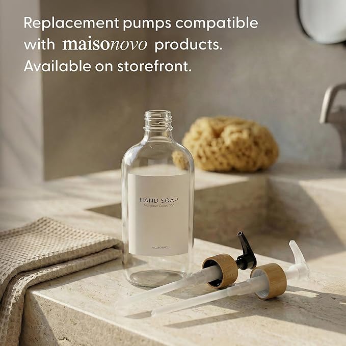 MaisoNovo Glass Dish Soap Dispenser for Kitchen Set of 2-16.9oz Clear Dish and Hand Soap Dispenser Set for Kitchen - Clear Glass Bottles x 2 with White Bamboo Pumps & Tray
