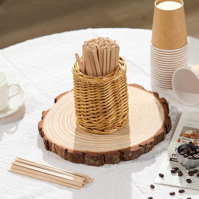 Wood Rattan Coffee Stirrer Holder Set with 100 Disposable Stir Sticks, Wooden Bar Accessories for Milk Cocktail Tea Drinks Straws, Organizer for Station Countertop - Image 7