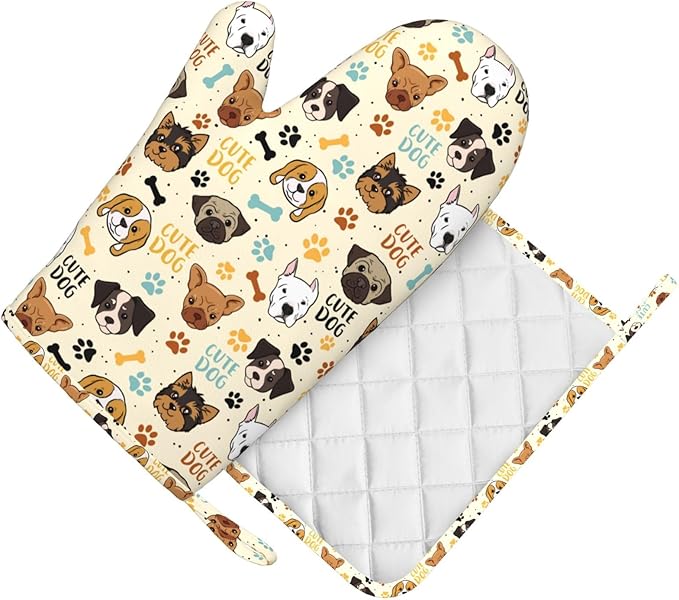 Cute Dog Oven Mitts and Pot Holders Set - Heat Resistant (500°F) Non-Slip Silicone Kitchen Gloves for Cooking, Baking, Grilling & BBQ - Kitchen Accessories for Women/Men, Gift Idea