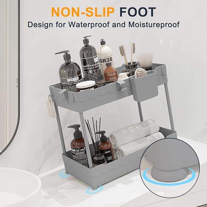 Sevenblue 2 Pack Under Sink Organizer, Under Bathroom Cabinet Organizer with Hooks Hanging Cup, Multi-Purpose Storage Shelf for Kitchen Bathroom (Gray, 12.8 Inch) - Image 6