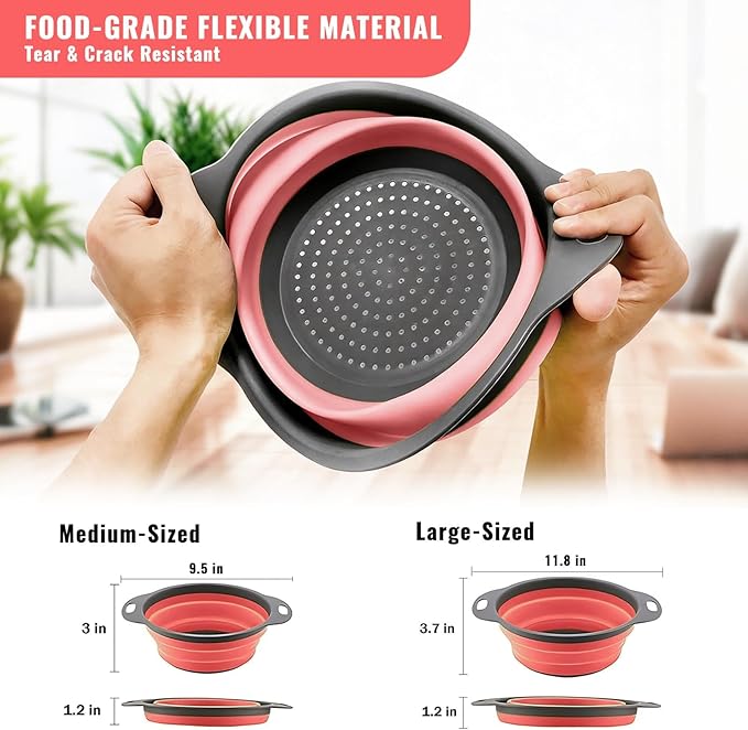 2 Pack Collapsible Silicone Colander with Handle, Over Sink Foldable Food Strainer, BPA-Free Space Saving Drain Basket for Vegetables, Fruits, Pasta, Kitchen & Camping (Red) - Image 6