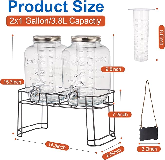1 Gallon Glass Drink Dispensers for Parties, 2PACK Beverage Dispenser with Stand, Fruit Infuser and Stainless Steel Spigot 100% Leakproof, Beverage Dispenser for Lemonade Sun Tea - Image 6