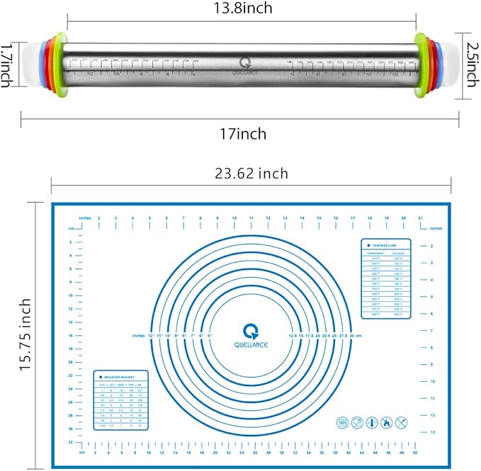 Rolling Pin and Pastry Baking Mat Set, Rolling Pins with Adjustable Thickness Rings, Stainless Steel Dough Roller for Baking Fondant, Pizza, Pie, Pastry, Pasta, Cookies (Blue) - Image 6