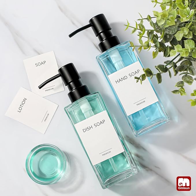 GMISUN Glass Soap Dispenser with Stainless Steel Pump, Clear Hand Soap Dispenser for Bathroom, 12 fl oz/350ml Hand and Dish Soap Dispensers Set for Kitchen, Refillable Liquid Soap and Lotion Bottle - Image 6