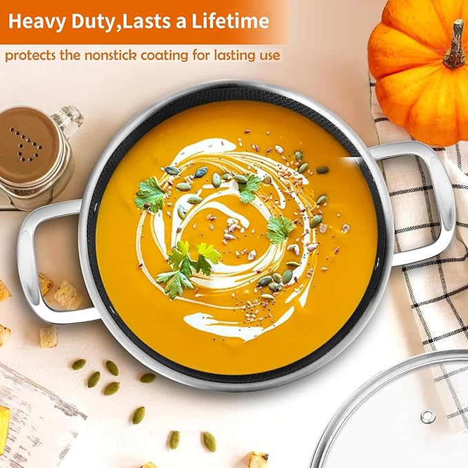 DELARLO Tri-Ply Stainless Steel Stock Pot, 5QT Non Stick Pots, Induction Ready, Cooking Pots with Lids, Stockpot 600℉ Oven Safe, 18/8 Food Grade Cookware, Soup Pot, Energy Saving, Lids 350℉ - Image 6