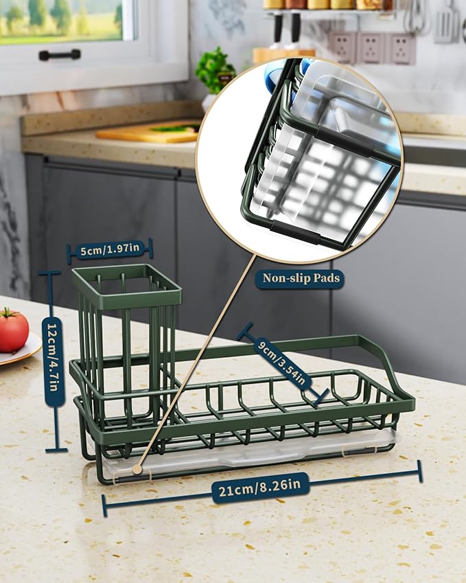 Consumest Sponge Holder for Kitchen Sink - Kitchen Sink Caddy Organizer with Removable Drip Tray for Countertop Dish Soap Dispenser Brush Storage Accessories 304 Stainless Steel, Green - Image 7