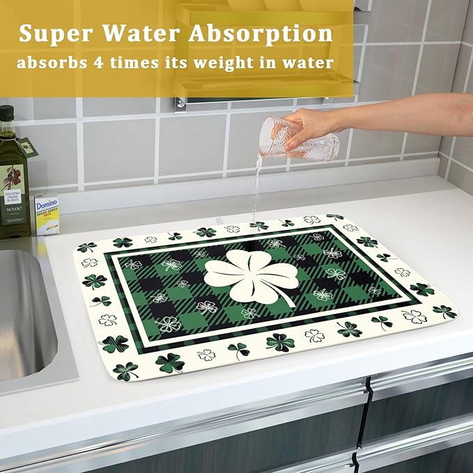 Giwawa Patrick Clovers Dish Drying Mat 18"x24" Lucky Shamrock Spring Leaf Dish Drainer Mats Green Black Buffalo Plaids Absorbent Microfiber Dish Drying Pad for Kitchen Countertop Large Decor
