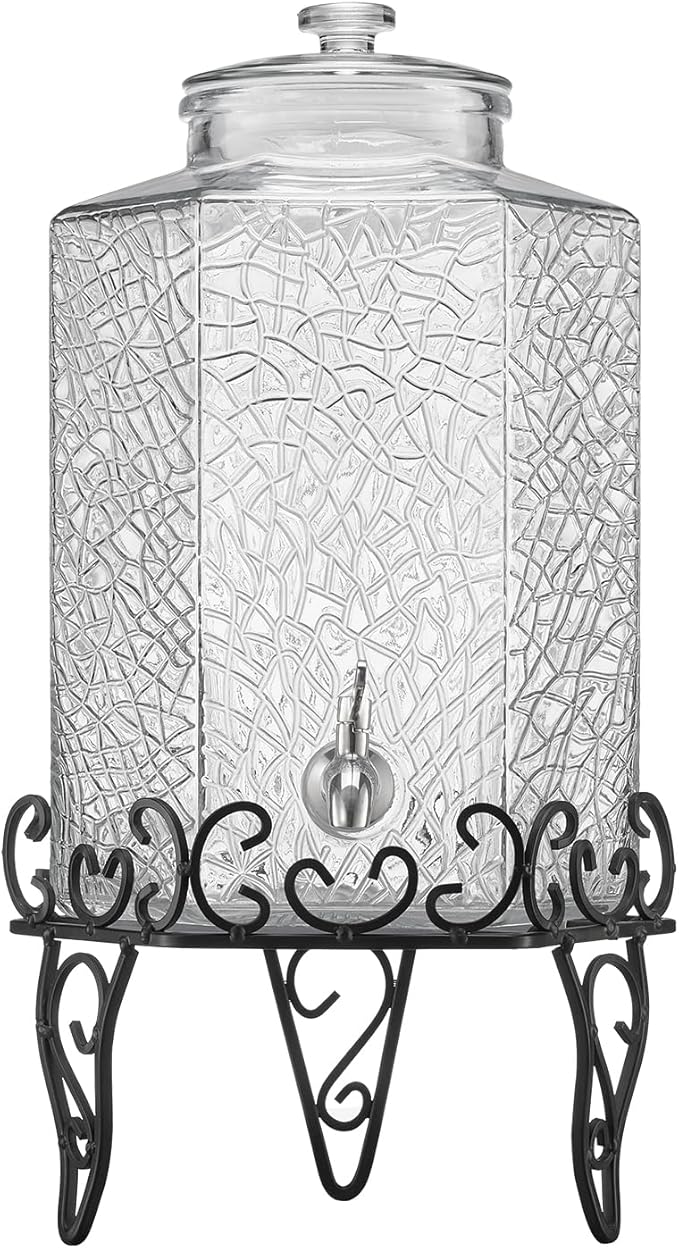VEVOR Beverage Dispenser, 2.5 Gallon Drink Dispensers for Parties, Glass Juice Dispenser with Metal Stand, Stainless Steel Spigot, Iced Tea Lemonade Juice Water Dispensers for Parties