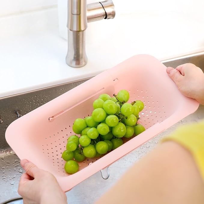 BLUE GINKGO Over the Sink Colander Strainer Basket - Wash Vegetables and Fruits, Drain Cooked Pasta and Dry Dishes - Extendable - New Home Kitchen Essentials (Grey & Pink, 2 Pack) - Image 7