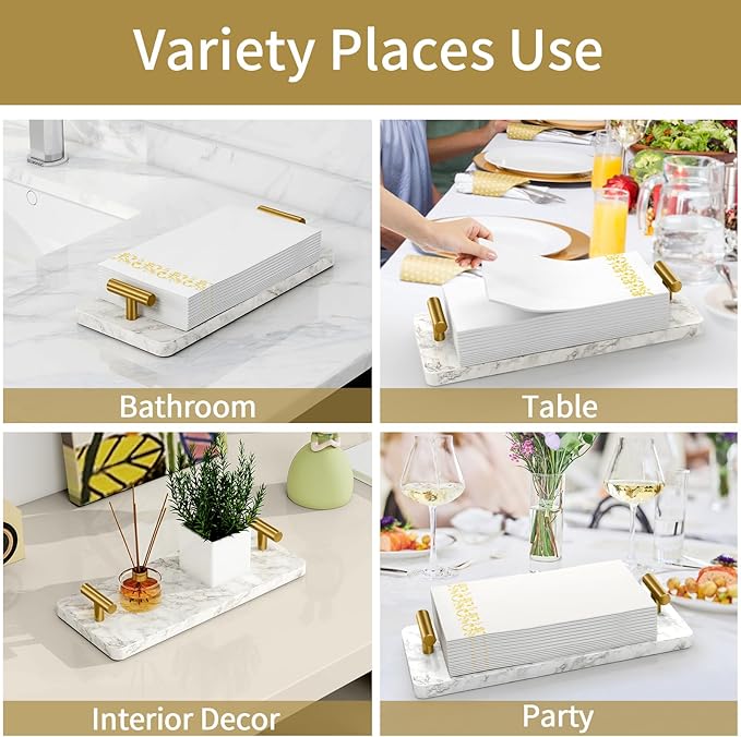 STWWO Napkin Holder for Bathroom, Guest Towel Holder Tray for Bathroom, Marble Guest Napkin Holders with Golden T-Handle, Disposable Hand Towel Tray for Guest Room, Table, Kitchen