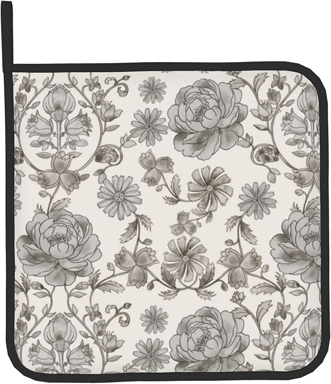 Vintage Flowers Oven Mitts and Pot Holders Sets Boho Kitchen Gloves White Grey Floral Hot Pads Cute Baker Stuff Chef Cooking Baking Gifts for Women - Image 9