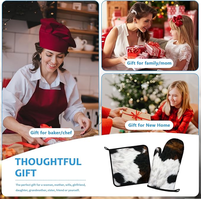 Brown Cowhide Oven Mitts and Pot Holders Sets Heat Resistant 4Pcs Potholders Oven Gloves Hot Pads for Kitchen Baking Cooking Grilling BBQ
