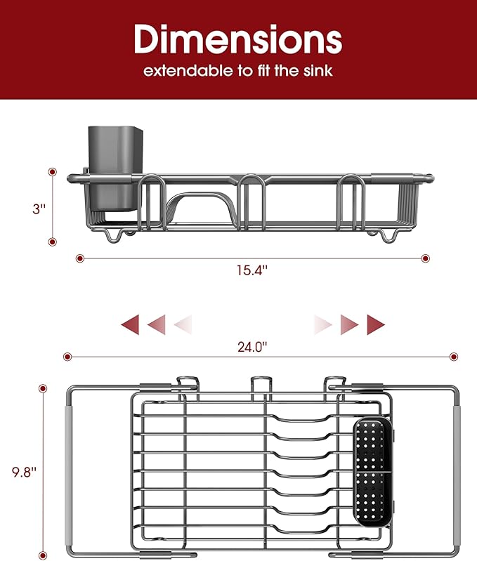 Sakugi Dish Drying Rack in Sink - Expandable Stainless Steel Dish Rack Over the Sink, Kitchen Sink Drain Strainer with Cutlery Holder & Cup Holders, 15.4 x 9.8 x 3.0 Inch, Grey - Image 3