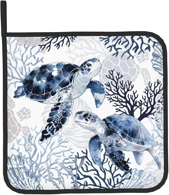 Coastal Oven Mitts and Pot Holders Sets of 2 Summer Kitchen Mitts Blue Sea Turtle Hot Pads for Cooking Baking Grilling - Image 9