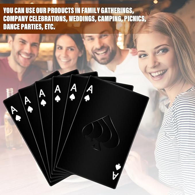 Chumia Poker Card Bottle Openers Stainless Steel Poker Card Beer Ace Bottle Cap Openers for Wedding Birthday Party Bridal Shower Table Tools Supplies(Black,6 Pieces)