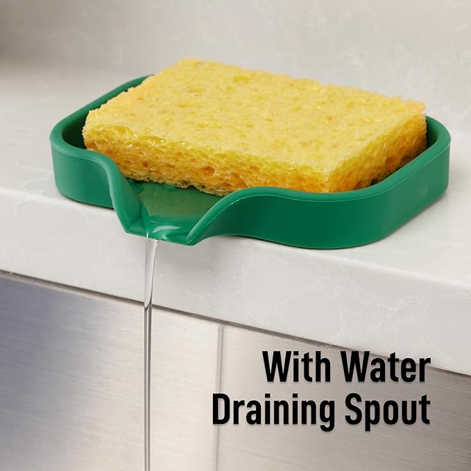 Zulay Kitchen Small Silicone Sponge Holder (4.9x3.3”) – Space-Saving Sink Organizer Tray for Sponge, Soap, Brush & More – Compact Non-Slip Dish for Kitchen & Bathroom Countertops (Pine Green) - Image 8