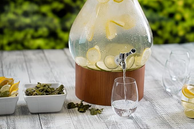 Classic Home Teardrop Clear Glass Ice Cold Beverage Drink Dispenser- 2.75 Gallon, With Cork Lid & Modern Wood Base Leak Proof Spigot- Wide Mouth Easy Filling For Outdoor, Parties & Daily Use - Image 8