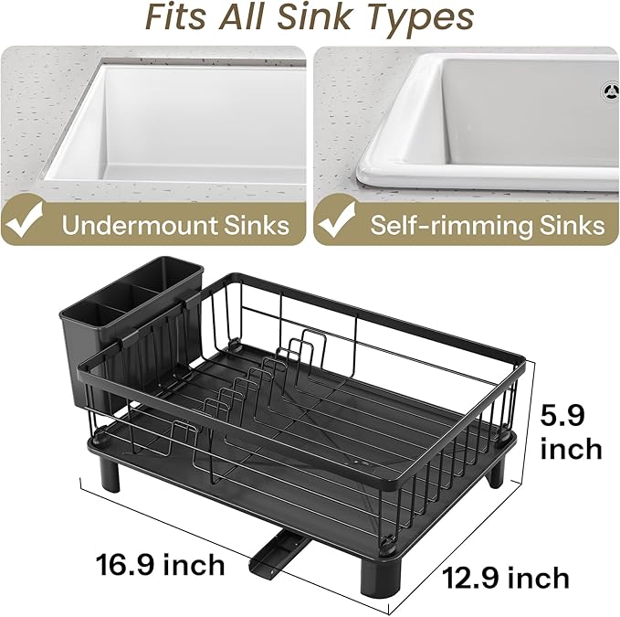SNTD Dish Drying Rack - Small Dish Rack for Kitchen Counter, Stainless Steel Dish Drainer with Utensil Holder and Drainboard, 12.9" W x 16.9" L (Black) - Image 2