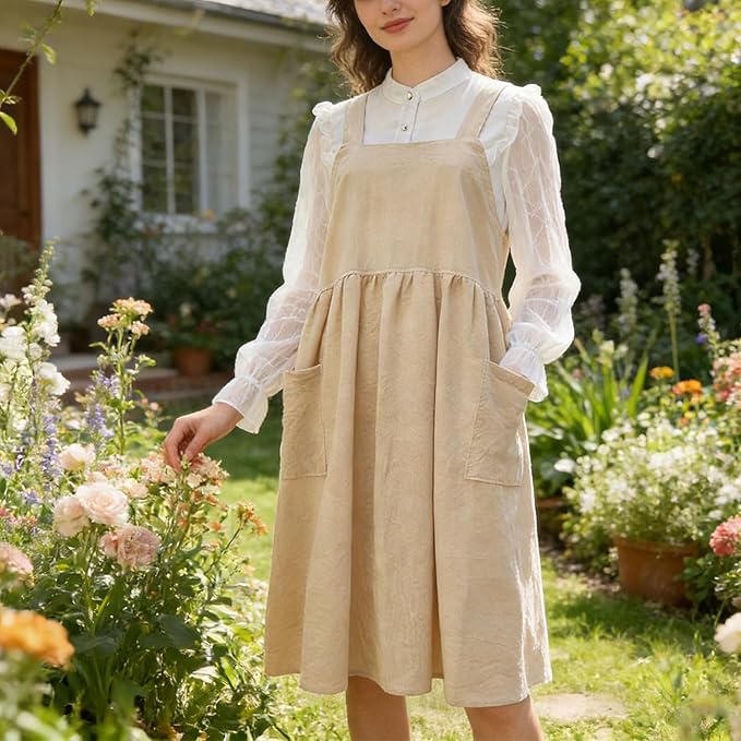 Uaussi Cotton Linen Apron Cross Back Work Apron for Women with Pockets Pinafore Dress X Cross Halter Apron for Chef Gardening - Image 7