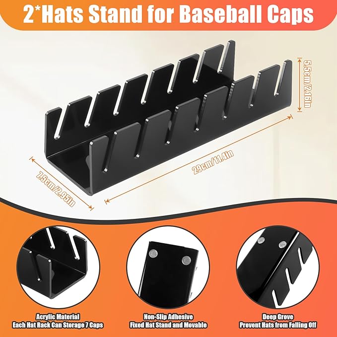 Hat Stand for Baseball Caps, 2 Pack No Install Acrylic Hat Organizer for 14 Baseball Caps Storage Organizer, Hat Racks Hat Holder Display and Organization for Closet, Bedroom, Dresser (Black-2Pack) - Image 7
