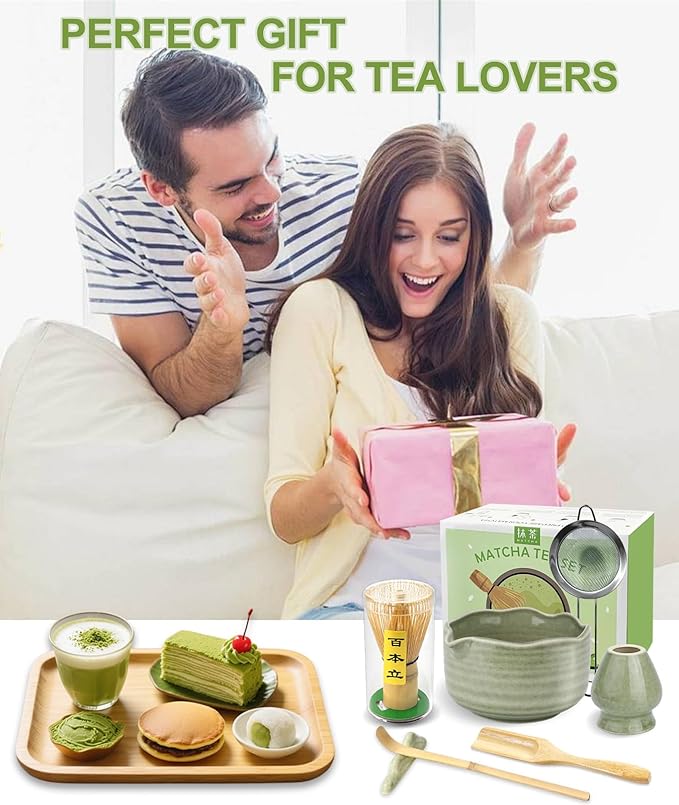 JBER Matcha Whisk Set, Ceramic Matcha Set Includes Matcha Bowl, Matcha Whisk (Chasen) and Holder, Sifter, Bamboo Scoop, Spoon & Rest - 7 Pcs Matcha Kit Set for Matcha Lovers Ceremony, Mottled Green