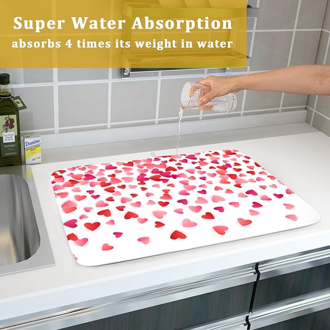 Valentine's Day Dish Drying Mat for Kitchen Counter Hearts Holiday Microfiber Absorbent Dish Draining Reusable Washable Foldable Extra Large 18"x24" - Image 7