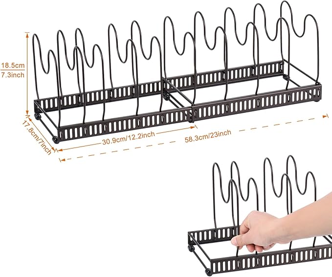 Toplife Pots and Pans Organizer Rack for Cabinet and Countertop, 10+ Pot Lids, Bakeware and Cookware Organizer Rack Holder with 10 Adjustable Compartments - Brown - Image 7