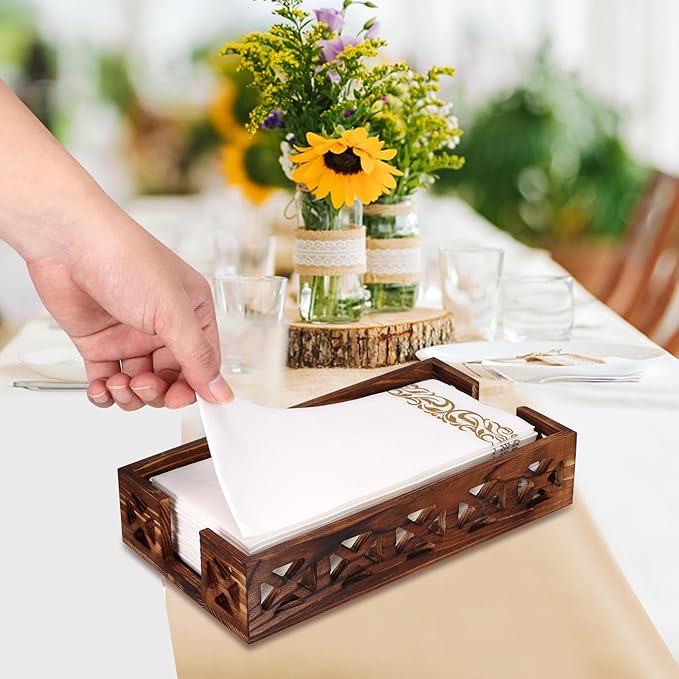 Rustic Wood Paper Towel Holder for Bathroom & Kitchen - Modern Farmhouse Napkin Holder with Basket - Disposable Hand Towels Tray