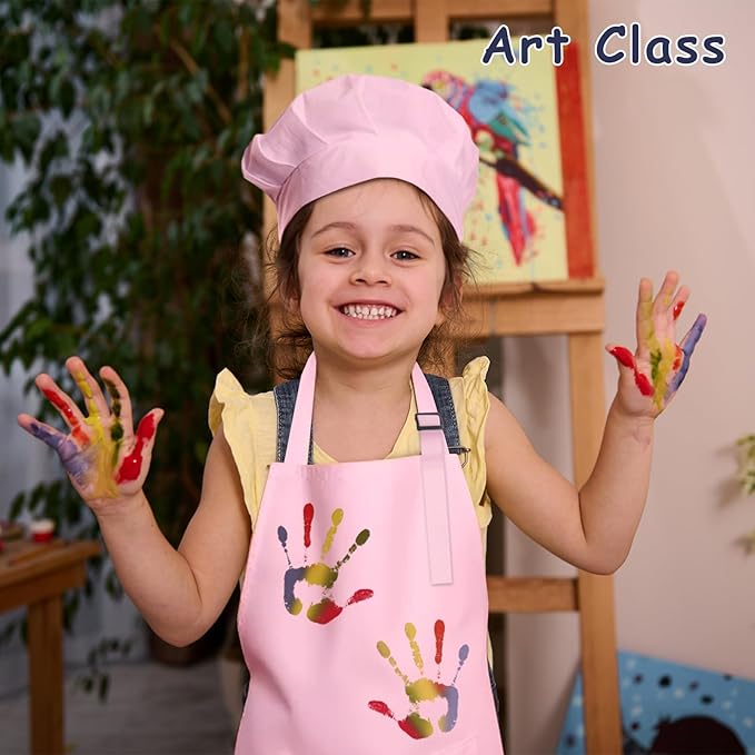 Kids Apron and Chef Hat Set, 16 Pieces Boys Girls Kids Apron with 2 Pockets Adjustable for Cooking Classroom Baking Painting, 6-13 Years, Multicolor