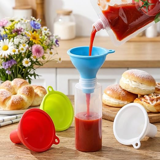 4 Pcs Wide Mouth Funnels for Filling Small Bottles, Kitchen Silicone Funnels Flexible Condiment Sauce Canning Funnel for Filling Oil Water Bottles Jars