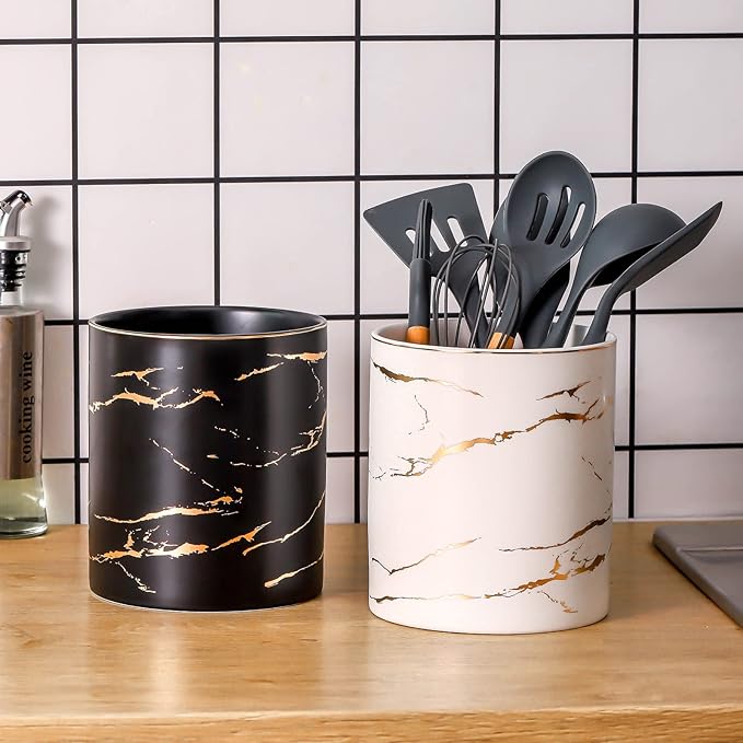 7.2 inch Large Utensil Holder for Kitchen Counter, Golden Marble Utensil Crock Spatula Holder for Countertop Cooking Tools Storage Caddy Farmhouse Kitchen Decor (Marble-Black) - Image 6