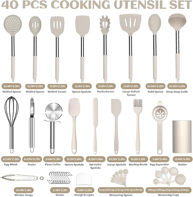 Silicone Cooking Utensils Set Utensil: 40 Pcs Black Stainless Steel Cookware Set, Nonstick Silicone Cooking Utensils Set, (Khaki) - Image 7