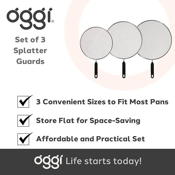 Oggi Set of 3 Stainless Steel Splatter Guard – 8”, 10” and 12” with Stay Cool Handles