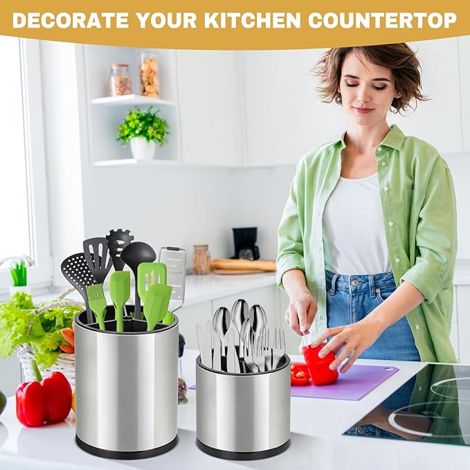 2Pack Kitchen Utensil Holder Set - 360° Rotating Stainless Steel Large Cooking Utensil Stand for Counter, 3 Compartment Flatware Caddy with Removable Base for Knife, Fork & Spoon Organizer - Sliver - Image 7