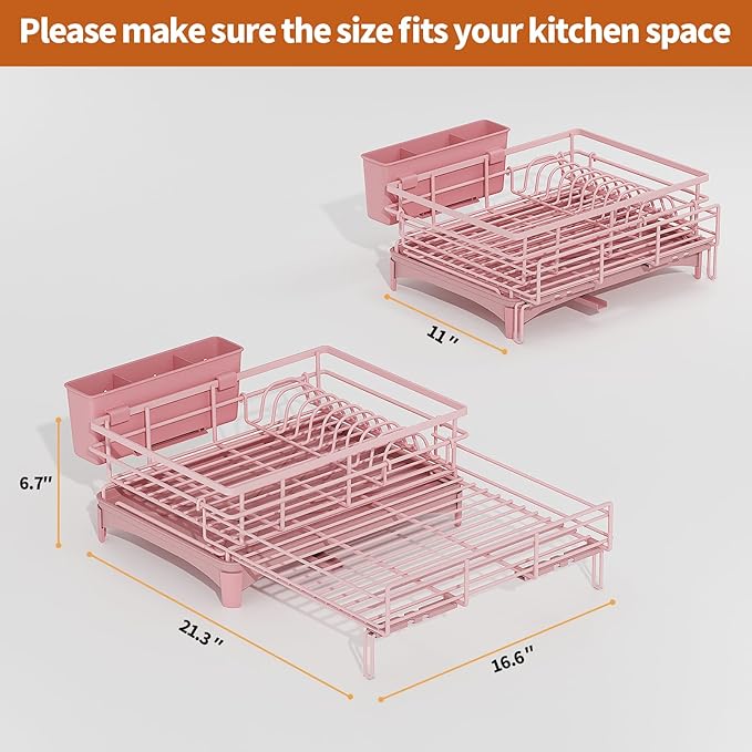 Laveshop Dish Drying Rack - Expandable Rack, Large Capacity Dish Drainer for Kitchen Counter, Rust-Proof with Utensil Holder, Pink - Image 6