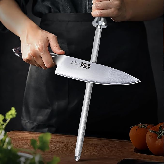 HOSHANHO Honing Rod,12 Inch Professional Kitchen Knife Sharpener Rod, Japanese High Carbon Knife Sharpening Steel with Ergonomic Pakkawood Handle, Ideal for All Chef Knives - Image 7