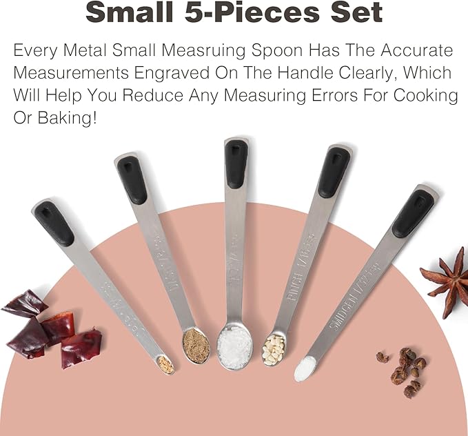 Mini Measuring Spoons Set, Tiny Stainless Steel Measure Teaspoons with Black Silicone Handle, Suitable for Small Amount of Dry or Liquid Ingredients and Spices (1/64, 1/32, 1/16, 1/8, 1/4 tsp) - Image 6