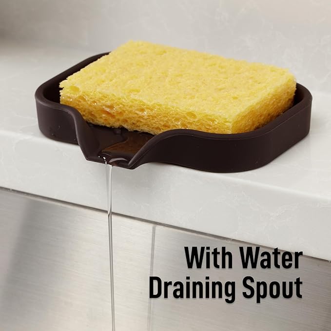 Zulay Kitchen Small Silicone Sponge Holder (4.9x3.3”) – Space-Saving Sink Organizer Tray for Sponge, Soap, Brush & More – Compact Non-Slip Dish for Kitchen & Bathroom (Chocolate) - Image 8