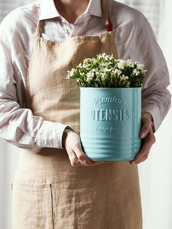 DOWAN 7.2″ Extra Large Kitchen Utensil Holder - Farmhouse Utensil Holder for Countertop - Ceramic Utensil Crock with Protection Cork Mat - Kitchen Decor & Housewarming Gift (Turquoise) - Image 7